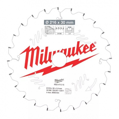Пильный диск для торцовочной пилы по дереву MILWAUKEE 216x30x2,4x24 скошенные зубья отрицат. угол 4932471315