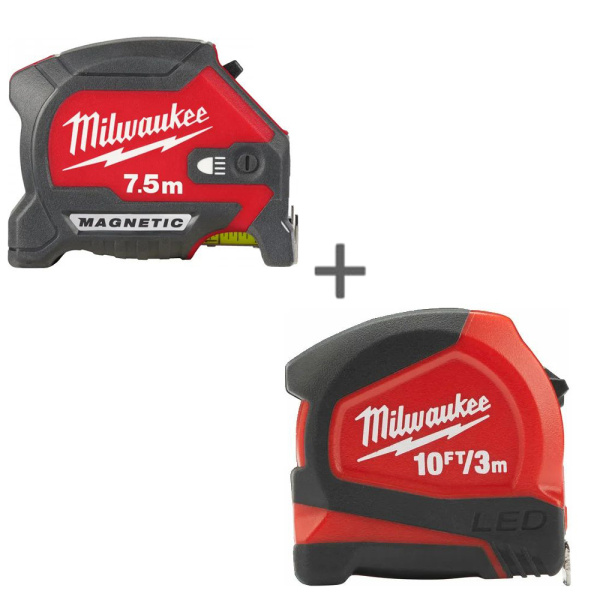 Рулетка с подсветкой MILWAUKEE MAGNETIC TAPE MEASURE 7.5М 4932492469+Рулетка 3м с подсветкой 48226602