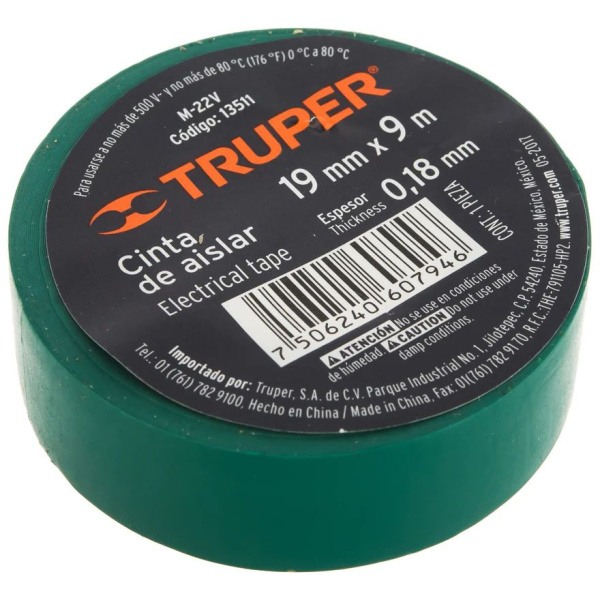 Изолента Truper акрил, 9м. ширина 19мм зеленая M-22V 13511